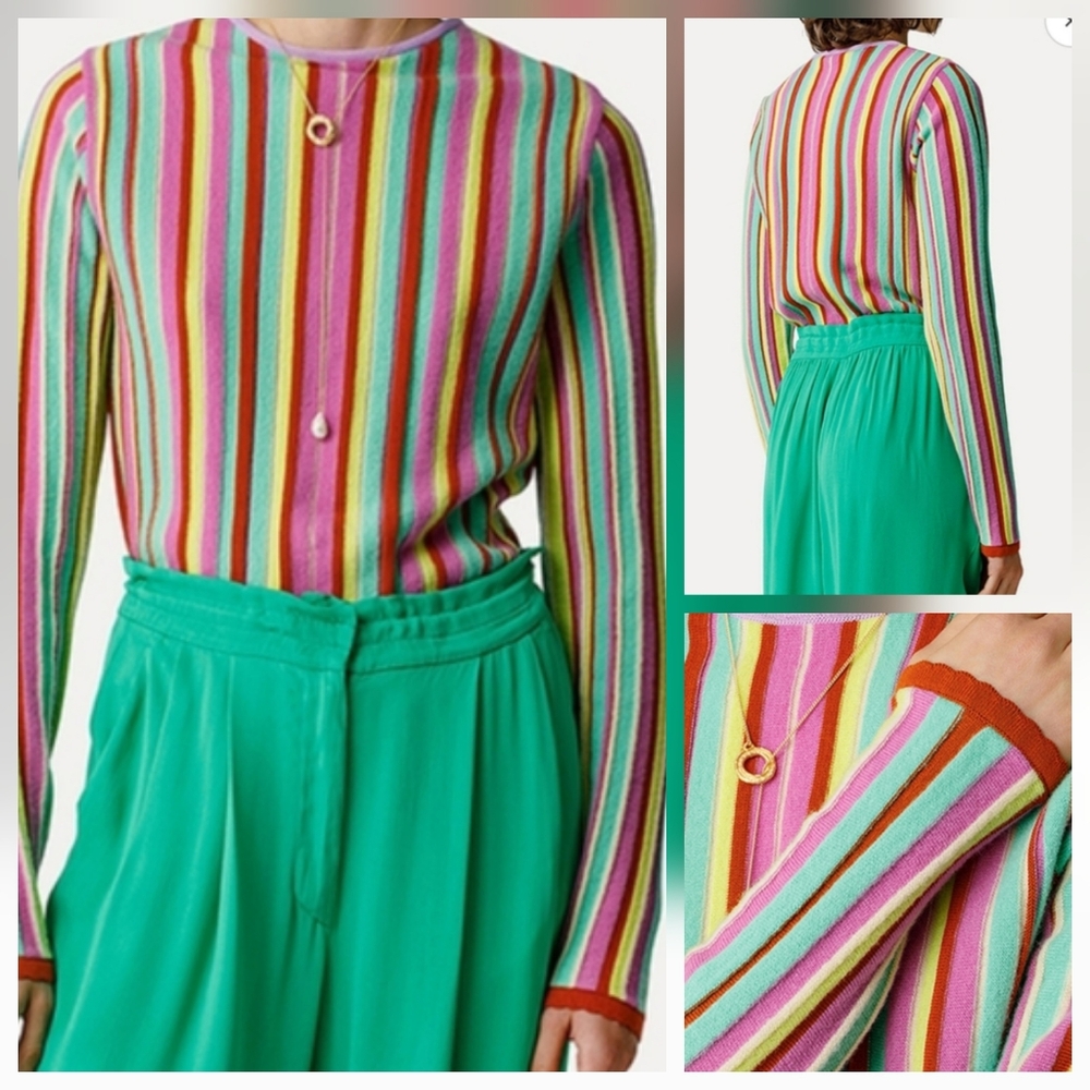 FORTE_FORTE Grenadine Tri Color Virgin Wool Stripe Ribbed Knit Sweater Italy Nwt